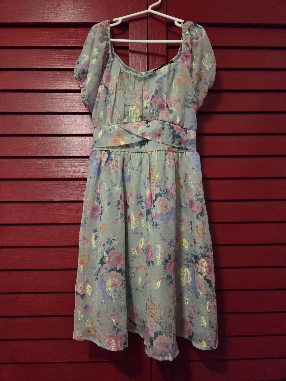 Mint Floral Puff-Sleeve Girls' Dress with Gold Detail